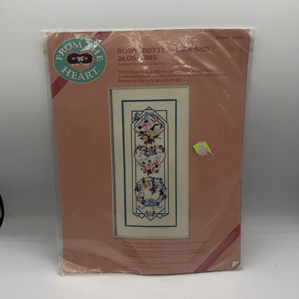 Vintage From the Heart Bows Butteflies and Blossoms Crewel Needlepoint Kit 51029